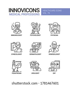 Medical professions line design style icons set. Doctors, consultation, diagnostics. Immunologist, psychologist, physician, gynecologist, dermatologist, venereologist, pediatrician, urologist, ENT
