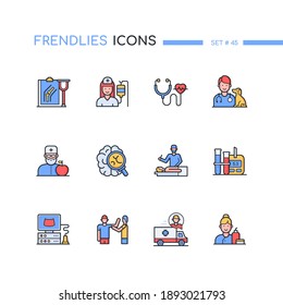 Medical professions - line design style icons set. Healthcare and medicine concept. Orthopedist, cardiologist, cosmetician, veterinarian, endocrinologist, neurologist, surgeon, nurse, sonographer