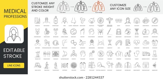 Medical Professions line icon set includes beautician and venerologist, reflexology and aromatherapist, psychotherapist and podiatrist, andrologist and cardiac, surgeon. Editable Stroke.