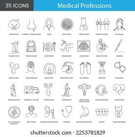 Medical Professions set of line icons in vector includes nephrologist and neonatologist, neurosurgeon and neurologist, urologist and anesthesiologist, sexologist and gastroenterologist.