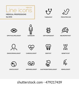 Medical professions - set of modern vector plain simple thin line design icons and pictograms. Therapist, pediatrician, surgeon, neuropathist, endocrinologist, cardiologist, dentist, oncologist