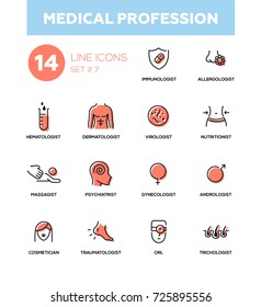 Medical professions - set of vector line icons. Immunologist, allergologist, dermatologist, virologist, nutritionist, psychiatrist, massagist, gynecologist, urologist, cosmetician, traumatologist, ORL