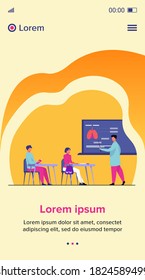 Medical professor presenting organ infographics to audience. College students listening to lecture in classroom. Vector illustration for school, class, lesson, studying, education concept