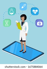 Tecnología de innovación del programa médico con médico femenino e icono del tratamiento. Comunicación moderna en línea con aplicaciones médicas o laboratorio. Mujer diagnosticando enfermedades en el vector del dispositivo inalámbrico de Tablet PC