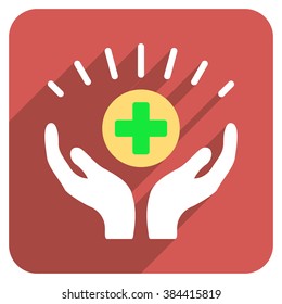 Medical Prosperity long shadow vector icon. Style is a flat symbol on a red rounded square button.