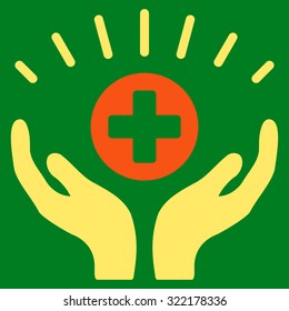 Medical Prosperity vector icon. Style is bicolor flat symbol, orange and yellow colors, rounded angles, green background.