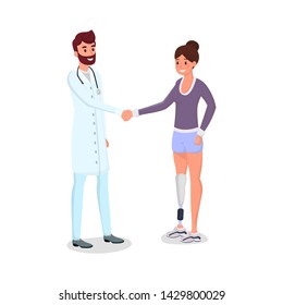 Medical prosthetics flat vector illustration. Smiling young doctor and happy patient with prosthesis cartoon characters. Woman with artificial limb and physician shaking hands, modern medicine
