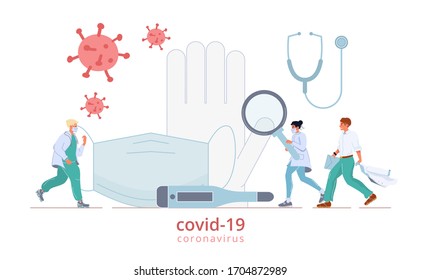 Medical protect human health security. Safety respiratory equipment. Glove, breathing medical face mask. Thermometer, stethoscope disease determination. Doctor team. Coronavirus protection advice