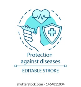 Medical protection against diseases concept icon. Healthy lifestyle, Vaccination idea thin line illustration. Shield with cross, syringe and heart vector isolated outline drawing. Editable stroke