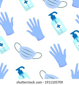 Medical protection seamless Pattern. Background of medical masks, gloves and hygiene products. Perfect for a warning ad, medical poster, or advertisement