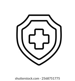 Medical protection shield with cross in line art isolated on white background.