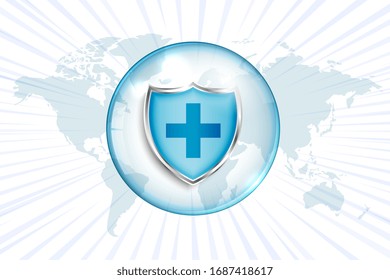 medical protection shield with cross sign and world map