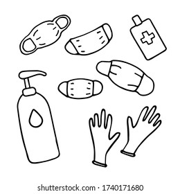 Medical Protective Doodle Set. Hand-drawn Masks, Gloves, Soap, Hand Disinfectant. Means Of Protection Against Viruses, Dirt, Bacteria, Germs. Vector Symbol Cleanliness, Sterility, Sanitizer Collection