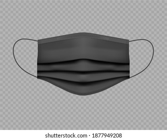 Medical protective face mask. Vector 3d realistic illustration. black color. Mockup. template isolated on transparent background. Front view. Protection against viruses and bacteria. Close up. EPS 10