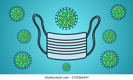 Medical protective mask, respirator to protect from fatal and dangerous coronavirus illness infection (covid-19) pandemic virus molecule on a blue background.