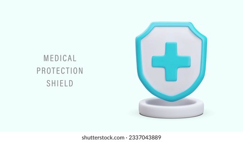 Medical protective shield. Advertising of health insurance company services. Vector banner with 3D illustration, text on blue background. Prevention of diseases. Professional medical care