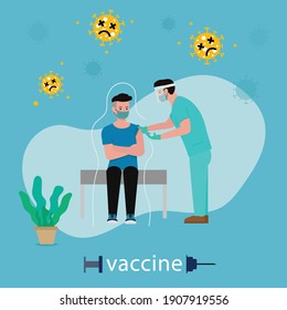 Medical in protective suit inject vaccine shot to patient. vaccination in arm and stop covid-19