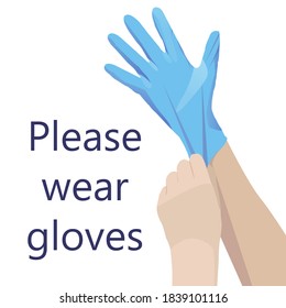 Medical protective vector blue  glove on white background. Hand put on rubber gloves to prevent infection and bacteria getting.