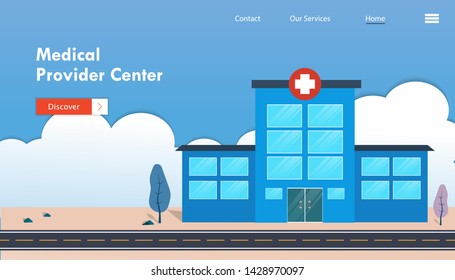 Medical provider center concept. hospital building or architecture landscape view to provide healthcare service to people. template for landing page, banner, poster, ad or print media.