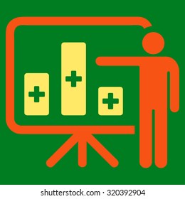 Medical Public Report vector icon. Style is bicolor flat symbol, orange and yellow colors, rounded angles, green background.