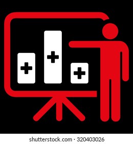 Medical Public Report vector icon. Style is bicolor flat symbol, red and white colors, rounded angles, black background.