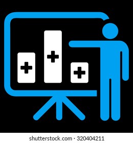 Medical Public Report vector icon. Style is bicolor flat symbol, blue and white colors, rounded angles, black background.