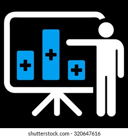 Medical Public Report vector icon. Style is bicolor flat symbol, blue and white colors, rounded angles, black background.