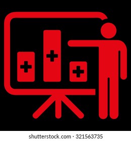 Medical Public Report vector icon. Style is flat symbol, red color, rounded angles, black background.