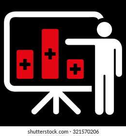 Medical Public Report vector icon. Style is bicolor flat symbol, red and white colors, rounded angles, black background.