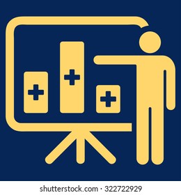 Medical Public Report vector icon. Style is flat symbol, yellow color, rounded angles, blue background.
