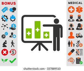 Medical Public Report vector icon with bonus. Style is bicolor flat symbol, eco green and gray colors, rounded angles, white background.