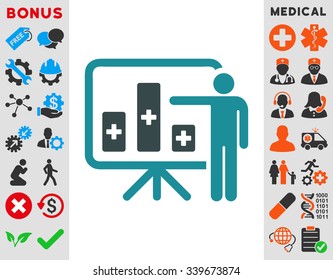 Medical Public Report vector icon with bonus. Style is bicolor flat symbol, soft blue colors, rounded angles, white background.