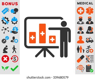 Medical Public Report vector icon with bonus. Style is bicolor flat symbol, orange and gray colors, rounded angles, white background.