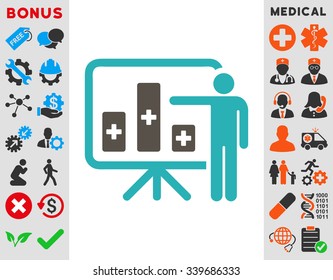 Medical Public Report vector icon with bonus. Style is bicolor flat symbol, grey and cyan colors, rounded angles, white background.