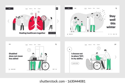 Medical Pulmonological Care, Vaccination, Disabled Employment Website Landing Page Set. Tuberculosis Treatment, Handicapped Hiring Job, Web Page Banner. Cartoon Flat Vector Illustration, Line Art