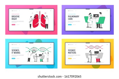 Medical Pulmonological Care Website Landing Page Set. Doctors Check Up Lungs for Fibrosis Tuberculosis Pneumonia Cancer Diagnosis Research Web Page Banner. Cartoon Flat Vector Illustration, Line Art