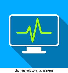 Medical Pulse Monitoring long shadow vector icon. Style is a flat light symbol with rounded angles on a blue square background.