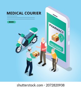 Medical purchases are delivered by a courier to elderly people 3d isometric vector illustration concept for banner, website, landing page, ads, flyer template
