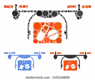 Medical quadcopter composition of filled circles in different sizes and color tones, based on medical quadcopter icon. Vector filled circles are grouped into blue mosaic.