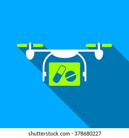 Medical Quadcopter long shadow vector icon. Style is a flat light symbol with rounded angles on a blue square background.