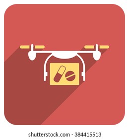 Medical Quadcopter long shadow vector icon. Style is a flat symbol on a red rounded square button.