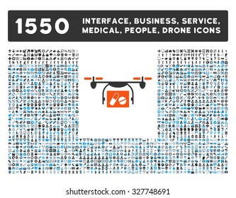 Medical Quadcopter and other web interface, business tools, people poses, medical service vector icons. Style is flat symbols, bicolored, rounded angles, white background.