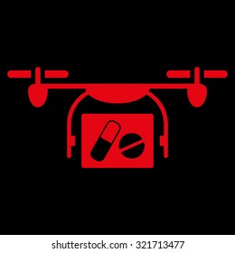 Medical Quadcopter vector icon. Style is flat symbol, red color, rounded angles, black background.