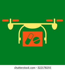 Medical Quadcopter vector icon. Style is bicolor flat symbol, orange and yellow colors, rounded angles, green background.