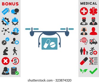 Medical Quadcopter vector icon. Style is bicolor flat symbol, cyan and blue colors, rounded angles, white background.