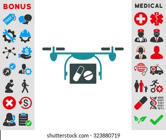 Medical Quadcopter vector icon. Style is bicolor flat symbol, soft blue colors, rounded angles, white background.