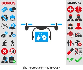 Medical Quadcopter vector icon. Style is bicolor flat symbol, blue and gray colors, rounded angles, white background.