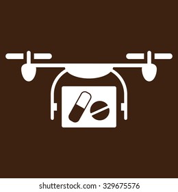 Medical Quadcopter vector icon. Style is flat symbol, white color, rounded angles, brown background.