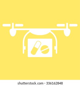 Medical Quadcopter vector icon. Style is flat symbol, white color, rounded angles, yellow background.