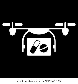 Medical Quadcopter vector icon. Style is flat symbol, white color, rounded angles, black background.